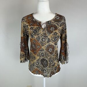 Patchwork Grunge Top Blouse Western Boho Y2K Cottagecore Peasant Brown Tie L